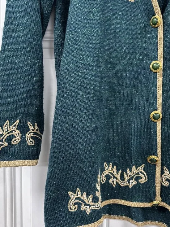 Vintage Jaclyn Smith Green Metallic Beaded Embroidered Floral Cardigan Sweater M - Picture 3 of 13
